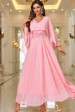 Elegant Pink A Line V Neck Shawl Sleeve Long Formal Dress