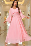 Elegant Pink A Line V Neck Shawl Sleeve Long Formal Dress