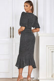 Black Bodycon V Neck Polka Dot Ruched Ball Dress with Puff Sleeves