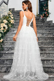 White A Line V Neck Tulle Long Ball Dress with Slit