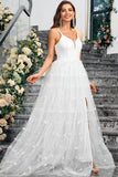 White A Line V Neck Tulle Long Ball Dress with Slit