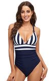 Navy Strip High Waist Tummy Control One-Piece Swimsuit