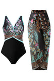 Black Flower 2-Piece Boho Push Up Print Halter Strap Swimsuits