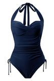 Navy Halter Drawstring Ruched Criss Cross Solid Color One-Piece Swimsuit