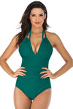 Green Deep V Neck Halter Tummy Control One Piece Swimsuit