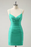 Green Spaghetti Straps Backless Tight Homecoming Dress with Beading