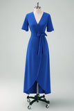 Royal Blue V-Neck Long Mother of Bride Dress with Short Sleeves