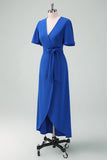 Royal Blue V-Neck Long Mother of Bride Dress with Short Sleeves