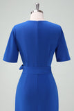 Royal Blue V-Neck Long Mother of Bride Dress with Short Sleeves