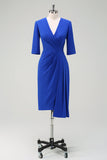 Royal Blue V Neck Pleated Bodycon Cocktail Party Dress