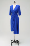 Royal Blue V Neck Pleated Bodycon Cocktail Party Dress