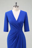 Royal Blue V Neck Pleated Bodycon Cocktail Party Dress