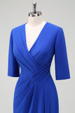 Royal Blue V Neck Pleated Bodycon Cocktail Party Dress