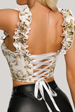 Apricot Printed  Lace-up Back Corset Top