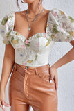 White Printed Corset Top with Puff Sleeves