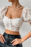 White Lace Printed Corset Top with Puff Sleeves