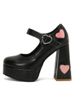 Black PU Leather Platform Block Heel Mary Jean Shoes