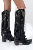 Women's Black Beaded Fringes Pointed Toe Chunky Hell Boots