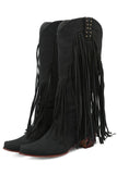 Fashion Black Solid Color Suede Tassel Pointed Toe High Heel Boots