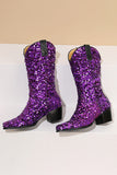 Glitter Black Mid Calf Sequins Snip Toe Chunky Heeled Boots