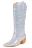 Silver Knee-High Shiny Pointed Toe Chunky Heel Boots