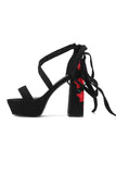 Women's Black Embroidery Strappy Chunky Heel Open Toe Sandals Shoes