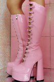 Women's Black Front Hollow Buckle Chunky Heel Knee High Boots