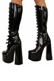 Women's Black Front Hollow Buckle Chunky Heel Knee High Boots