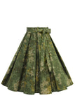 1950s Army Green Floral Pleated Swing Skirt