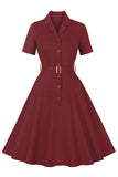 Simple Burgundy Lapel Neck Vintage 1950s Dress