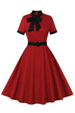 Red Stand Collar Vintage 1950s Dress with Bow