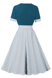 Blue White Polka Dots Square Neck Vintage 1950s Dress