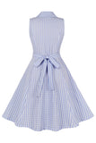 Blue Plaid Lapel Neck Vintage 1950s Dress