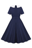 Navy Round Neck A Line Vintage 1950s Dress