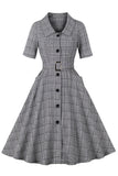 Grey Plaid Lapel Neck Vintage 1950s Dress