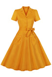 Yellow Ruffled Notched Lapel Belted Bows 1950s Dress with Pockets