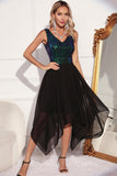 Sparkly Black Green V-Neck Tulle Cocktail Dress