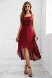 Sparkly Burgundy Spaghetti Straps Asymmetrical Party Dress