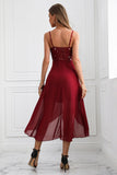 Sparkly Burgundy Spaghetti Straps Asymmetrical Party Dress