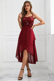 Sparkly Burgundy Spaghetti Straps Asymmetrical Party Dress