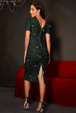 Sparkly Dark Green Tight Sequined Party Dress with Short Sleees