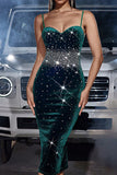 Sparkly Dark Green Spaghetti Straps Sequined Tight Party Dress with Slit