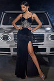 Sparkly Black Spaghetti Straps Beaded Ball Dress with Slit