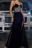 Sparkly Black Spaghetti Straps Beaded Ball Dress with Slit