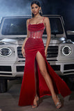 Sparkly Dark Red Spaghetti Straps Corset Ball Dress with Slit