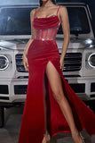 Sparkly Dark Red Spaghetti Straps Corset Ball Dress with Slit