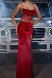 Sparkly Dark Red Spaghetti Straps Corset Ball Dress with Slit