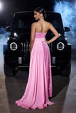 Sparkly Pink Mermaid Strapless Sequins Ball Dress with Slit