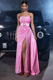 Sparkly Pink Mermaid Strapless Sequins Ball Dress with Slit