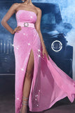 Sparkly Pink Mermaid Strapless Sequins Ball Dress with Slit